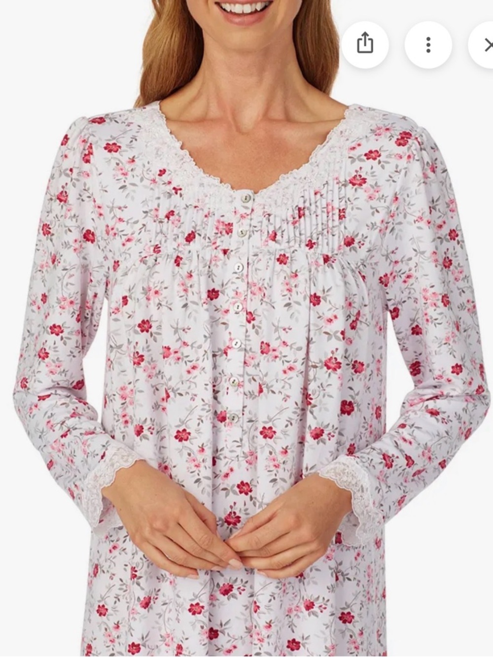 Eileen West Red Floral Nightgown Long Sleeve Lace Decorated